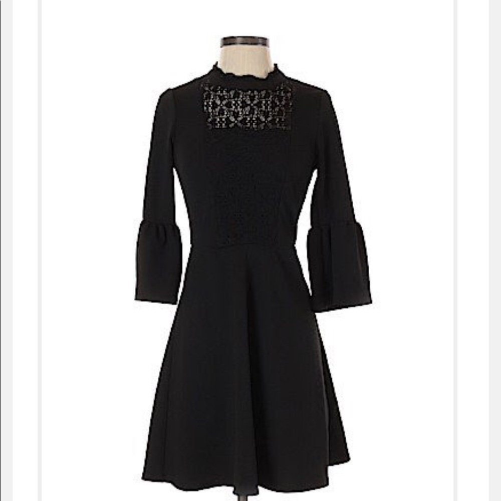 Bell sleeve high collar little black dress XS